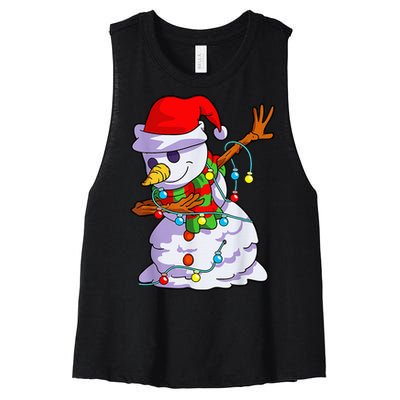 Cute Dabbing Snowman Christmas Lights Matching Family Pajama Women's Racerback Cropped Tank