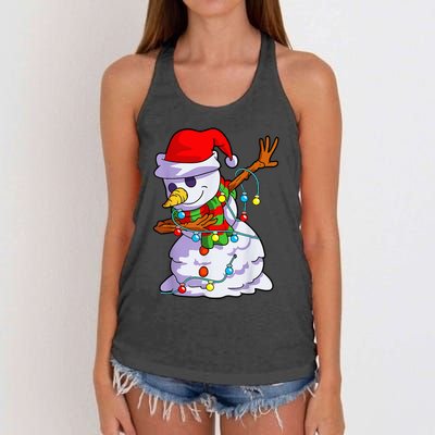 Cute Dabbing Snowman Christmas Lights Matching Family Pajama Women's Knotted Racerback Tank