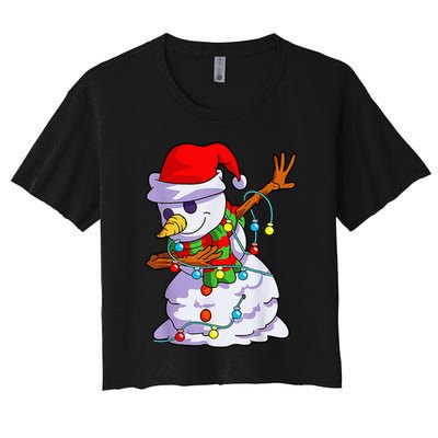 Cute Dabbing Snowman Christmas Lights Matching Family Pajama Women's Crop Top Tee