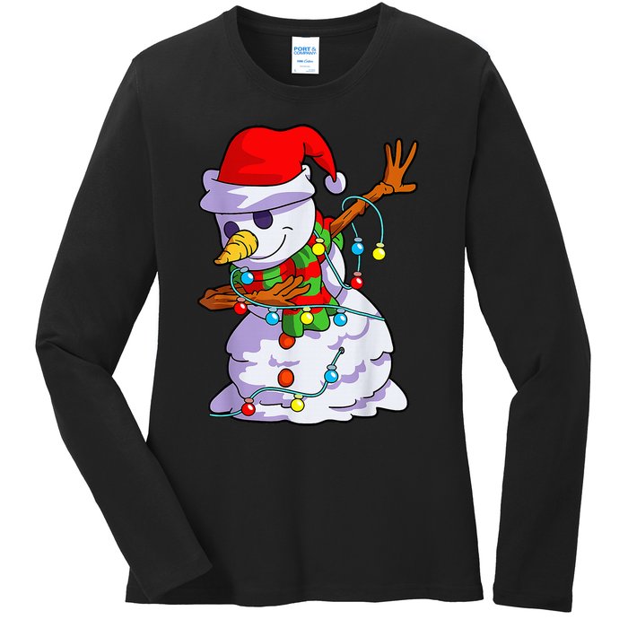 Cute Dabbing Snowman Christmas Lights Matching Family Pajama Ladies Long Sleeve Shirt