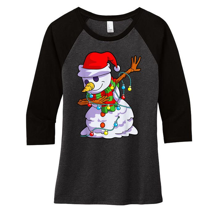 Cute Dabbing Snowman Christmas Lights Matching Family Pajama Women's Tri-Blend 3/4-Sleeve Raglan Shirt