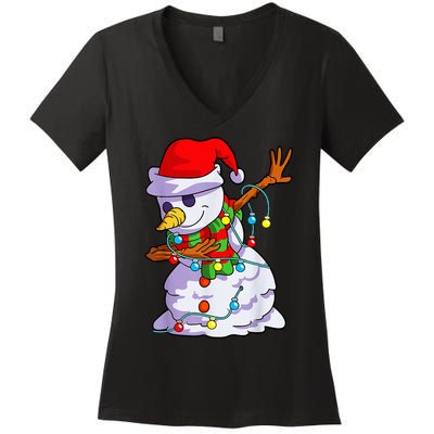 Cute Dabbing Snowman Christmas Lights Matching Family Pajama Women's V-Neck T-Shirt