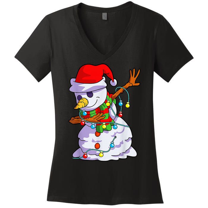 Cute Dabbing Snowman Christmas Lights Matching Family Pajama Women's V-Neck T-Shirt