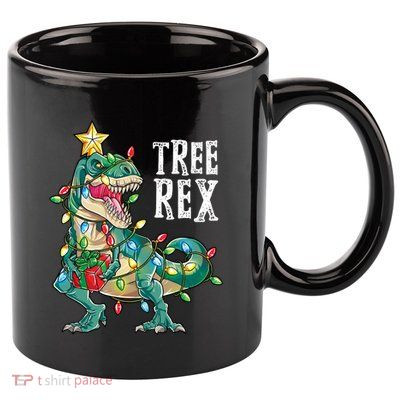 Christmas Dinosaur Tree Rex Pajamas Xmas Lights Gift 11oz C Handle Ceramic Mug