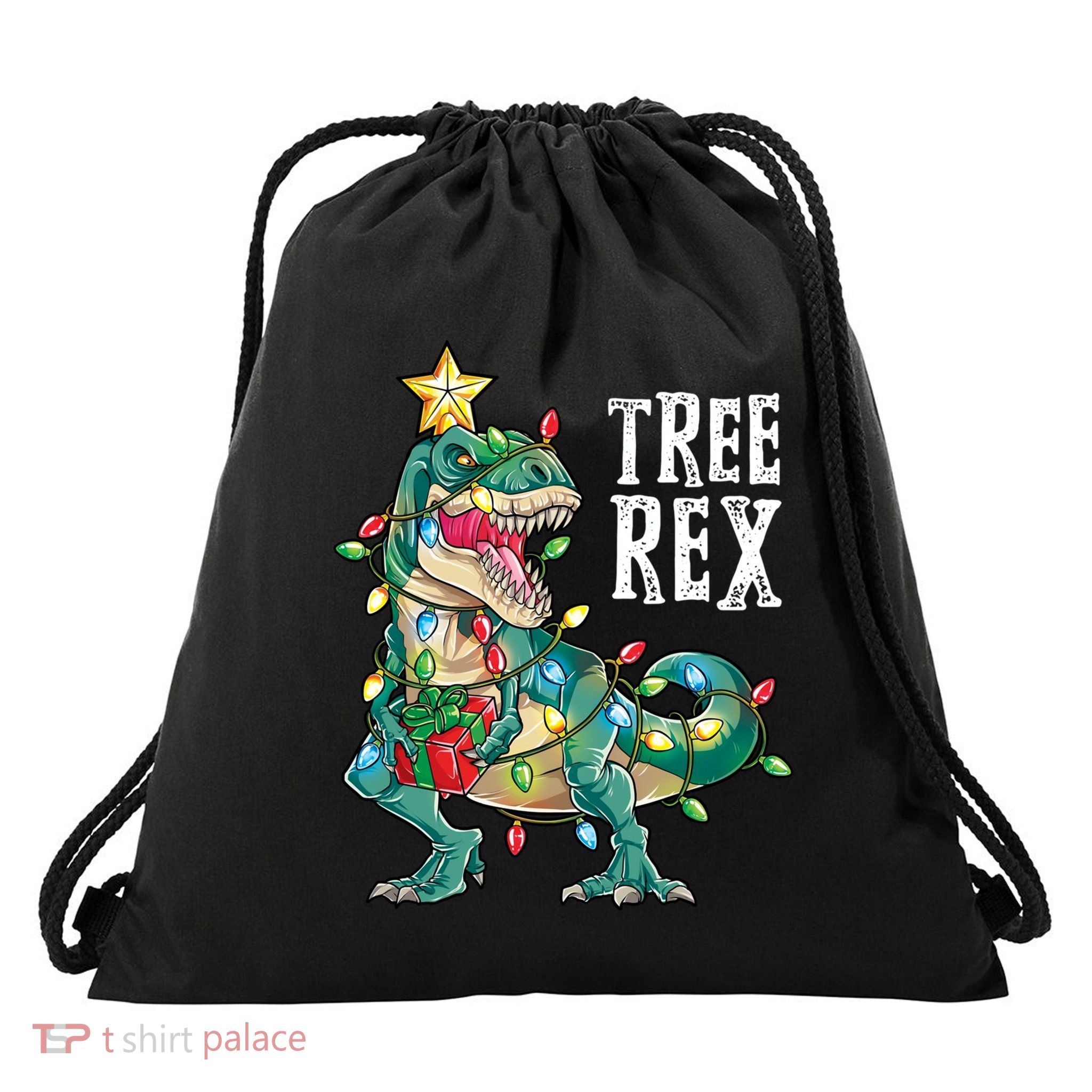 Christmas Dinosaur Tree Rex Pajamas Xmas Lights Gift Drawstring Bag
