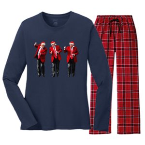 Christmas Donald Trump President 2024 Dancing Funny Santa Women's Long Sleeve Flannel Pajama Set 