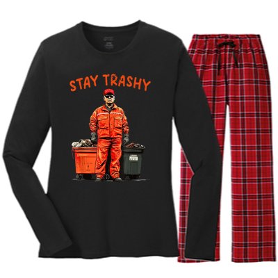 Cool Donald Trump Garbage Stay Trashy Funny Maga Trump 2024 Women's Long Sleeve Flannel Pajama Set 