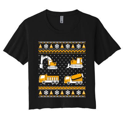 Construction Dump Trucks Bulldozer Ugly Christmas Sweater Women's Crop Top Tee