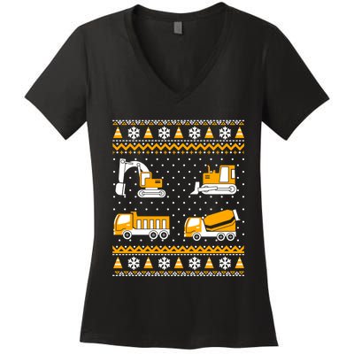 Construction Dump Trucks Bulldozer Ugly Christmas Sweater Women's V-Neck T-Shirt