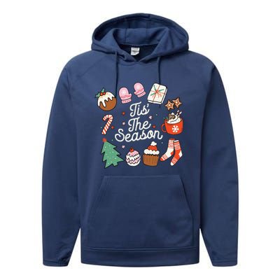 Christmas Doodles Tis The Season Retro Holiday Cookies Tree Performance Fleece Hoodie