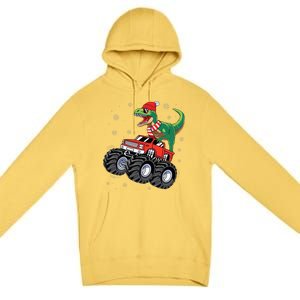 Christmas Dinosaur T Rex Riding Monster Truck Premium Pullover Hoodie