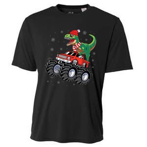 Christmas Dinosaur T Rex Riding Monster Truck Cooling Performance Crew T-Shirt