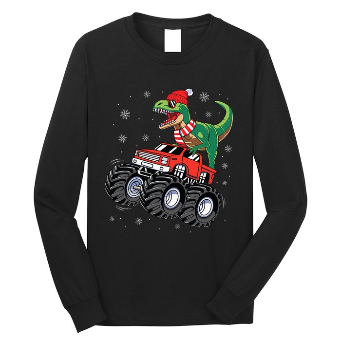 Christmas Dinosaur T Rex Riding Monster Truck Long Sleeve Shirt