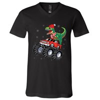 Christmas Dinosaur T Rex Riding Monster Truck V-Neck T-Shirt