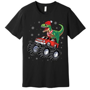 Christmas Dinosaur T Rex Riding Monster Truck Premium T-Shirt