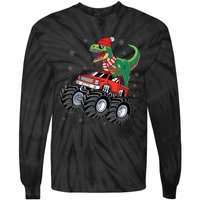 Christmas Dinosaur T Rex Riding Monster Truck Tie-Dye Long Sleeve Shirt