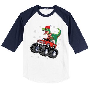 Christmas Dinosaur T Rex Riding Monster Truck Baseball Sleeve Shirt