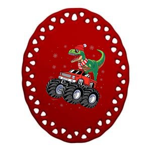 Christmas Dinosaur T Rex Riding Monster Truck Ceramic Oval Ornament