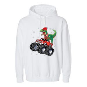 Christmas Dinosaur T Rex Riding Monster Truck Garment-Dyed Fleece Hoodie