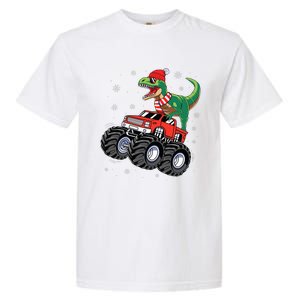 Christmas Dinosaur T Rex Riding Monster Truck Garment-Dyed Heavyweight T-Shirt