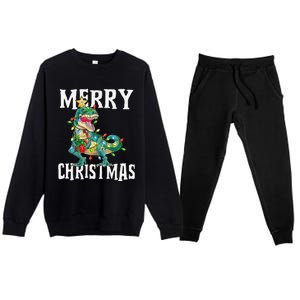 Christmas Dinosaur Tree Rex Pajamas Merry Christmas Boy Premium Crewneck Sweatsuit Set