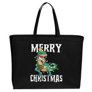 Christmas Dinosaur Tree Rex Pajamas Merry Christmas Boy Cotton Canvas Jumbo Tote