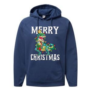 Christmas Dinosaur Tree Rex Pajamas Merry Christmas Boy Performance Fleece Hoodie