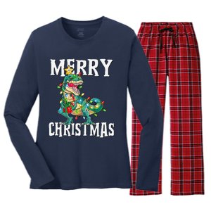 Christmas Dinosaur Tree Rex Pajamas Merry Christmas Boy Women's Long Sleeve Flannel Pajama Set 