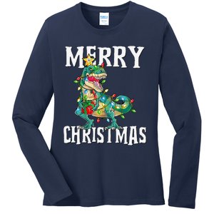 Christmas Dinosaur Tree Rex Pajamas Merry Christmas Boy Ladies Long Sleeve Shirt