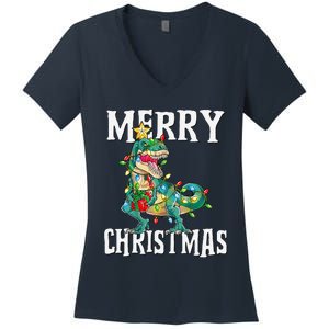 Christmas Dinosaur Tree Rex Pajamas Merry Christmas Boy Women's V-Neck T-Shirt