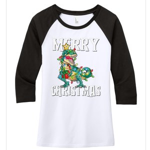 Christmas Dinosaur Tree Rex Pajamas Merry Christmas Boy Women's Tri-Blend 3/4-Sleeve Raglan Shirt