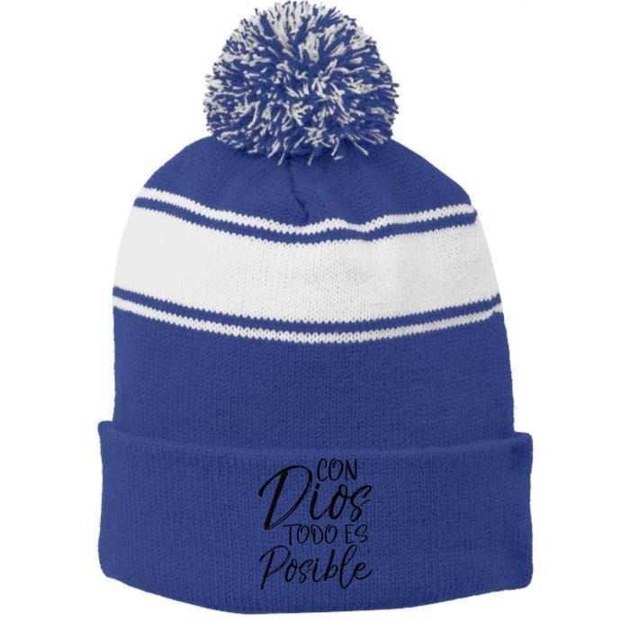 Con Dios Todo Es Posible Spanish Espanol Christian Stripe Pom Pom Beanie