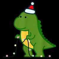 Christmas Dinosaur Tree Rex Putting Up String Lights Vintage Button