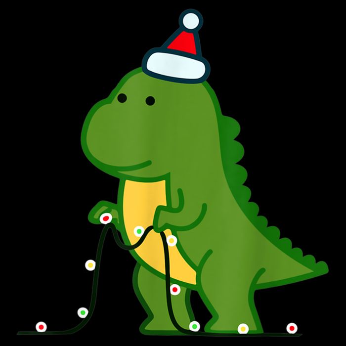Christmas Dinosaur Tree Rex Putting Up String Lights Vintage Button