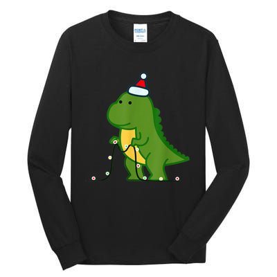 Christmas Dinosaur Tree Rex Putting Up String Lights Vintage Tall Long Sleeve T-Shirt