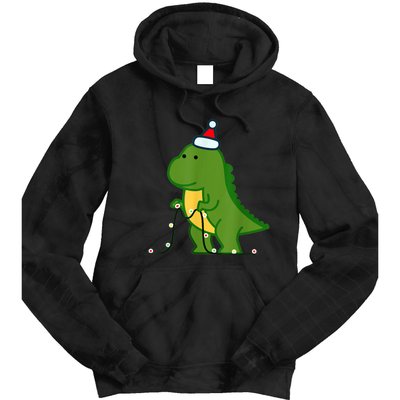 Christmas Dinosaur Tree Rex Putting Up String Lights Vintage Tie Dye Hoodie