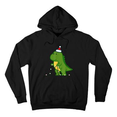 Christmas Dinosaur Tree Rex Putting Up String Lights Vintage Tall Hoodie