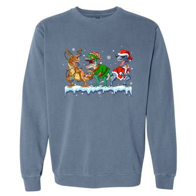 Christmas Dinosaur Tree Rex Lights Santa Elf Reindeer Gift Garment-Dyed Sweatshirt