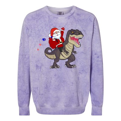 Christmas Dinosaur Tree Rex Pajamas Santa Claus Riding T Rex Meaningful Gift Colorblast Crewneck Sweatshirt