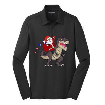 Christmas Dinosaur Tree Rex Pajamas Santa Claus Riding T Rex Meaningful Gift Silk Touch Performance Long Sleeve Polo