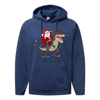 Christmas Dinosaur Tree Rex Pajamas Santa Claus Riding T Rex Meaningful Gift Performance Fleece Hoodie