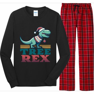 Christmas Dinosaur Tree Rex Retro Groovy Xmas Style Cute Gift Long Sleeve Pajama Set