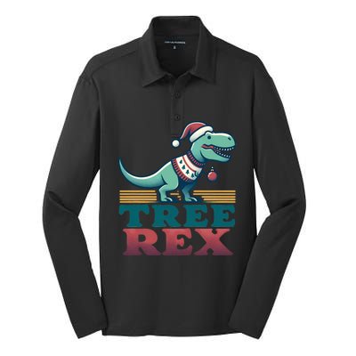 Christmas Dinosaur Tree Rex Retro Groovy Xmas Style Cute Gift Silk Touch Performance Long Sleeve Polo