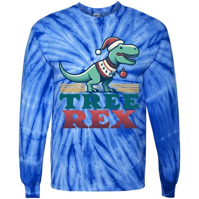 Christmas Dinosaur Tree Rex Retro Groovy Xmas Style Cute Gift Tie-Dye Long Sleeve Shirt