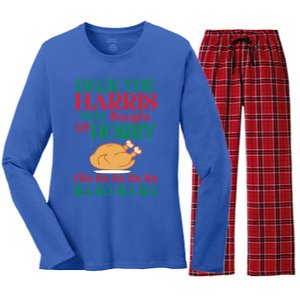 Christmas Deck The Harrs Fra Ra Ra Funny Turkey Gift Women's Long Sleeve Flannel Pajama Set 