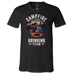 Campfire Drinking Team Outdoors Bonfire Camp Fire Nature Lover Funny Camping V-Neck T-Shirt