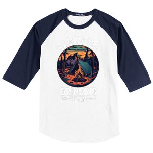 Campfire Drinking Team Outdoors Bonfire Camp Fire Nature Lover Funny Camping Baseball Sleeve Shirt