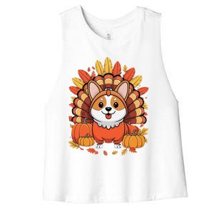 Corgi Dog Turkey Thanksgiving Women's Racerback Cropped Tank