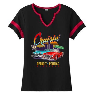 Cruisin Detroit To Pontiac Clasic Cars Ladies Halftime Notch Neck Tee