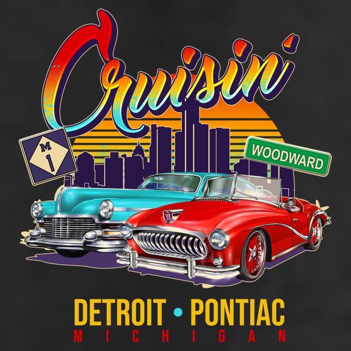 Cruisin Detroit To Pontiac Clasic Cars 7 Panel Mesh Trucker Snapback Hat